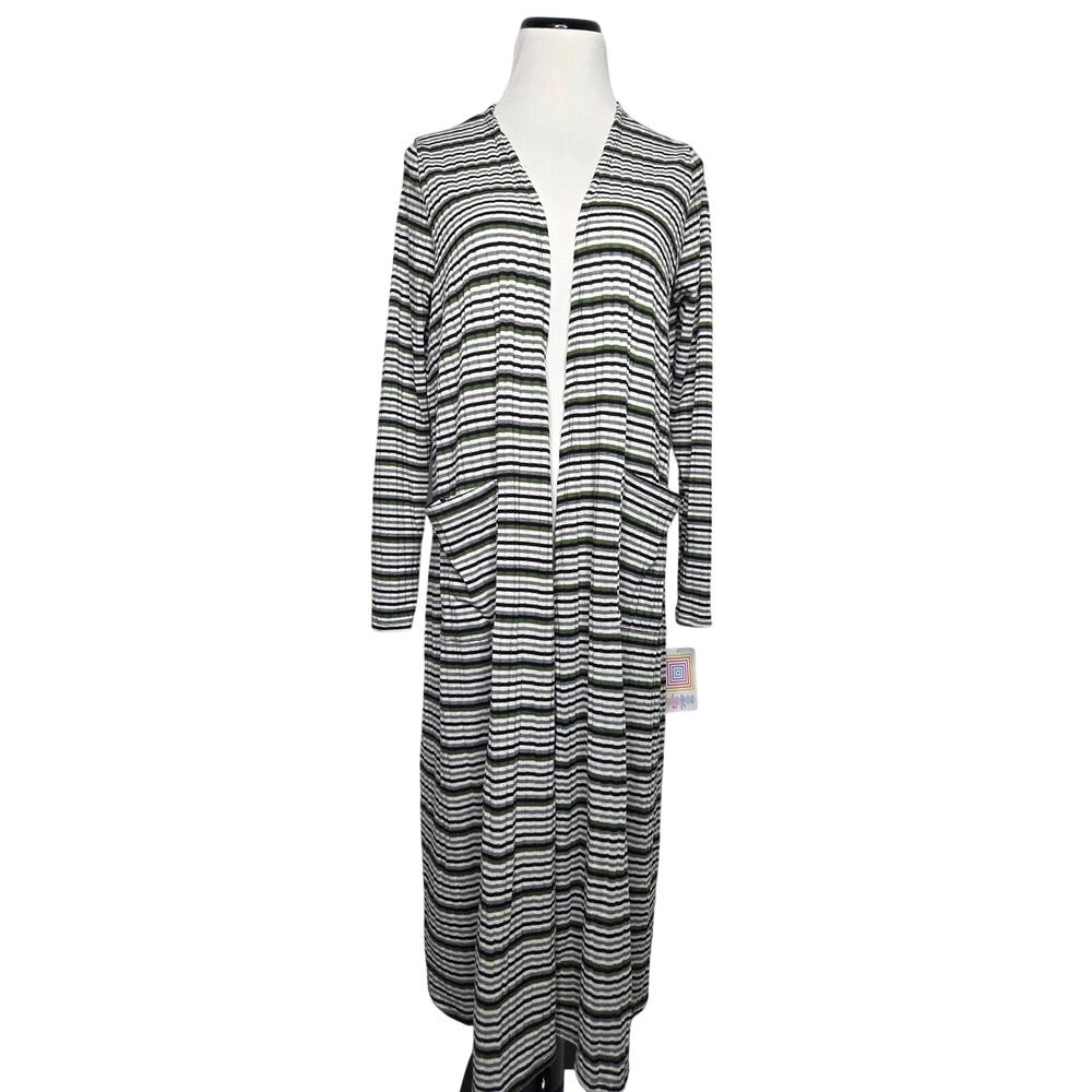 LuLaRoe Sarah Green Black Stripe Neutral Long Cardigan Duster Sweater NEW Medium